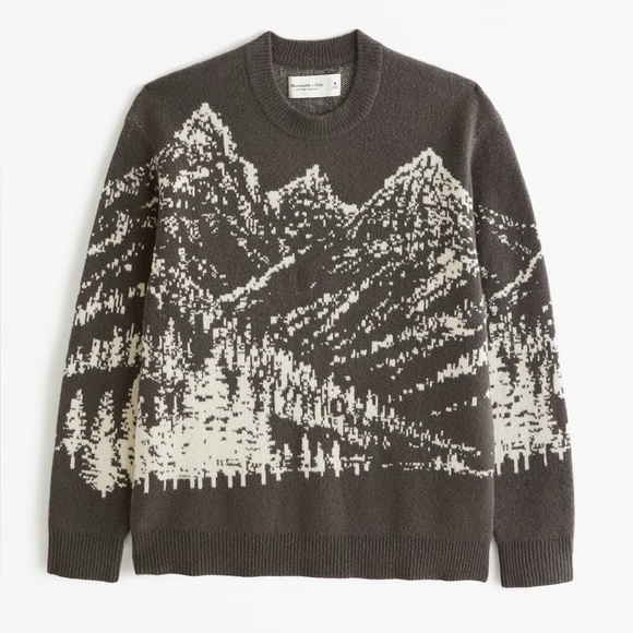 Abercrombie SCENIC MARLED CREW SWEATER OLIVE SCENIC mountain pattern size XS - Picture 1 of 11